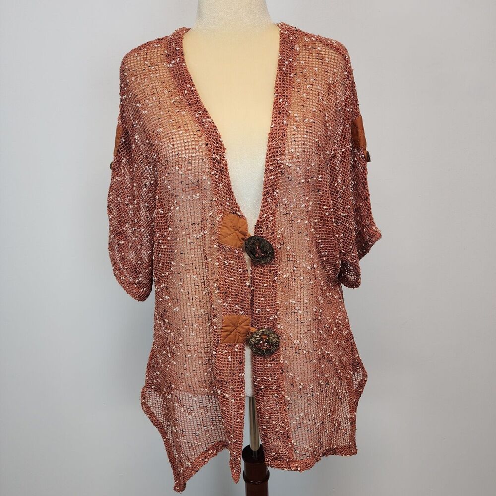 Katie Todd Womens Lagenlook Cardigan L Dark Orange Open Knit Big Buttons Artsy